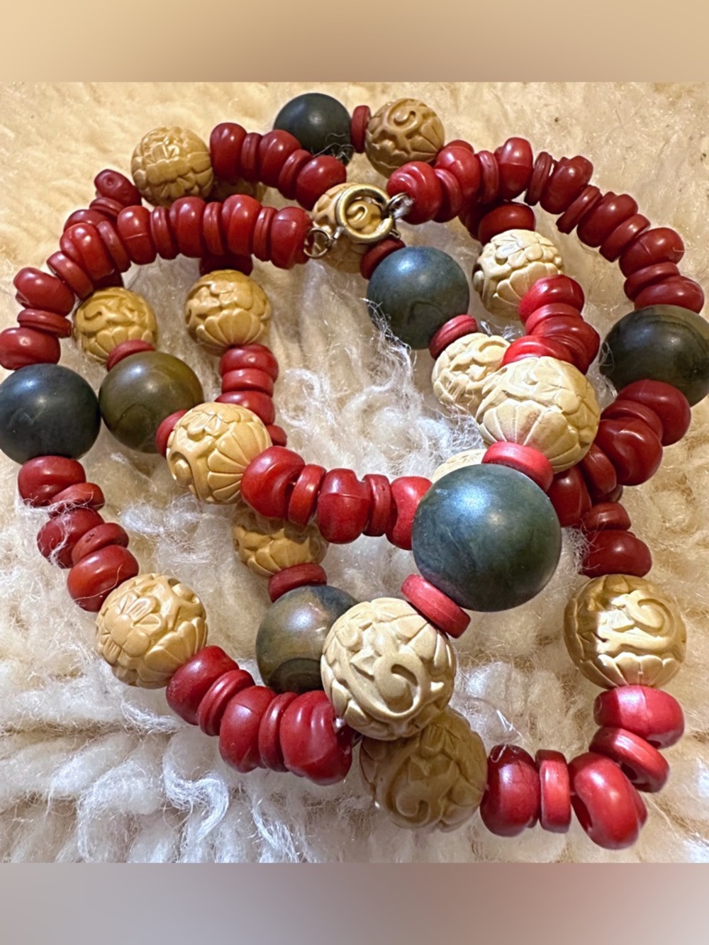 Boho Beaded Necklace with Red, Black & Gold Tones